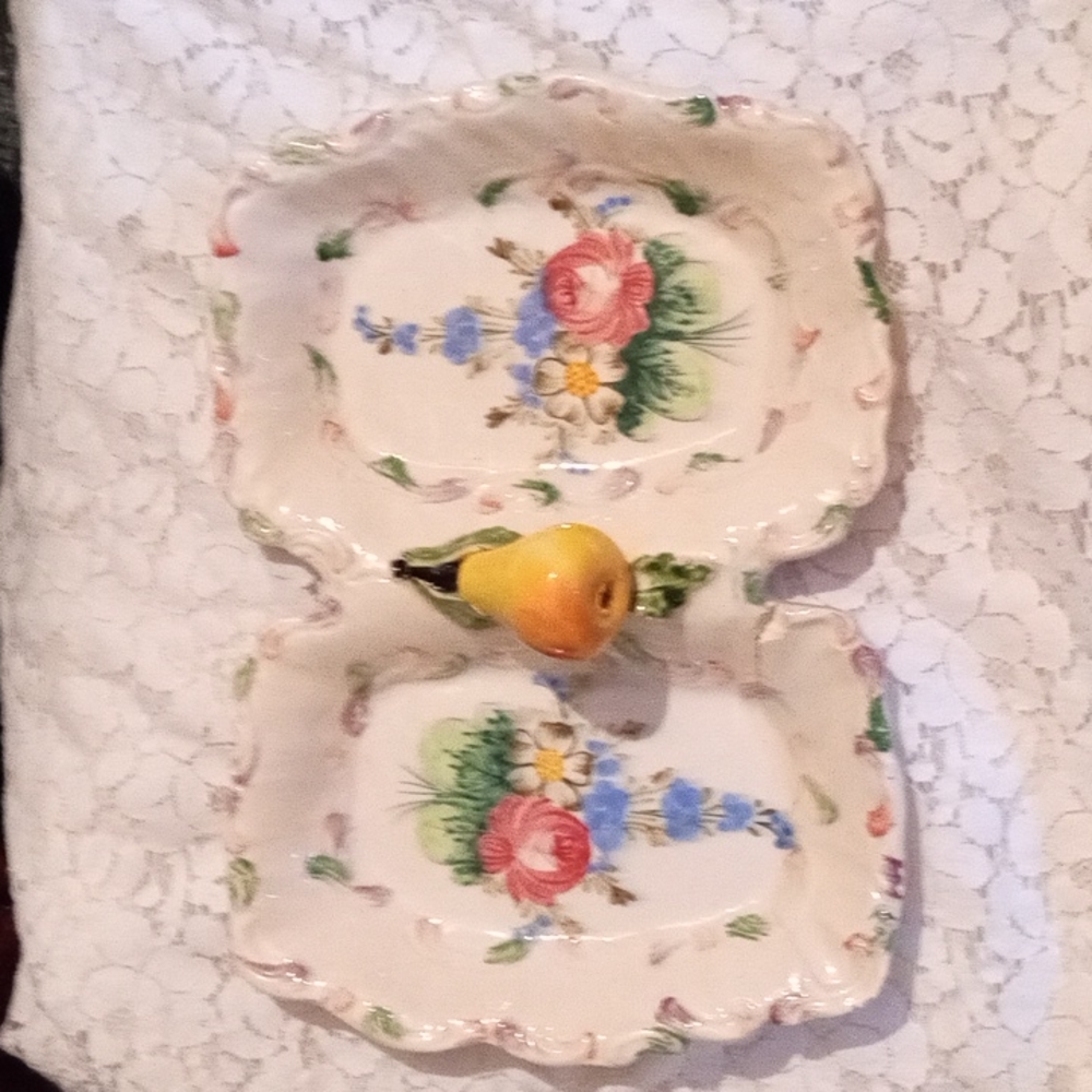 Antique Italian Artisan Hand painted ceramic porcelain nut and candy dish.